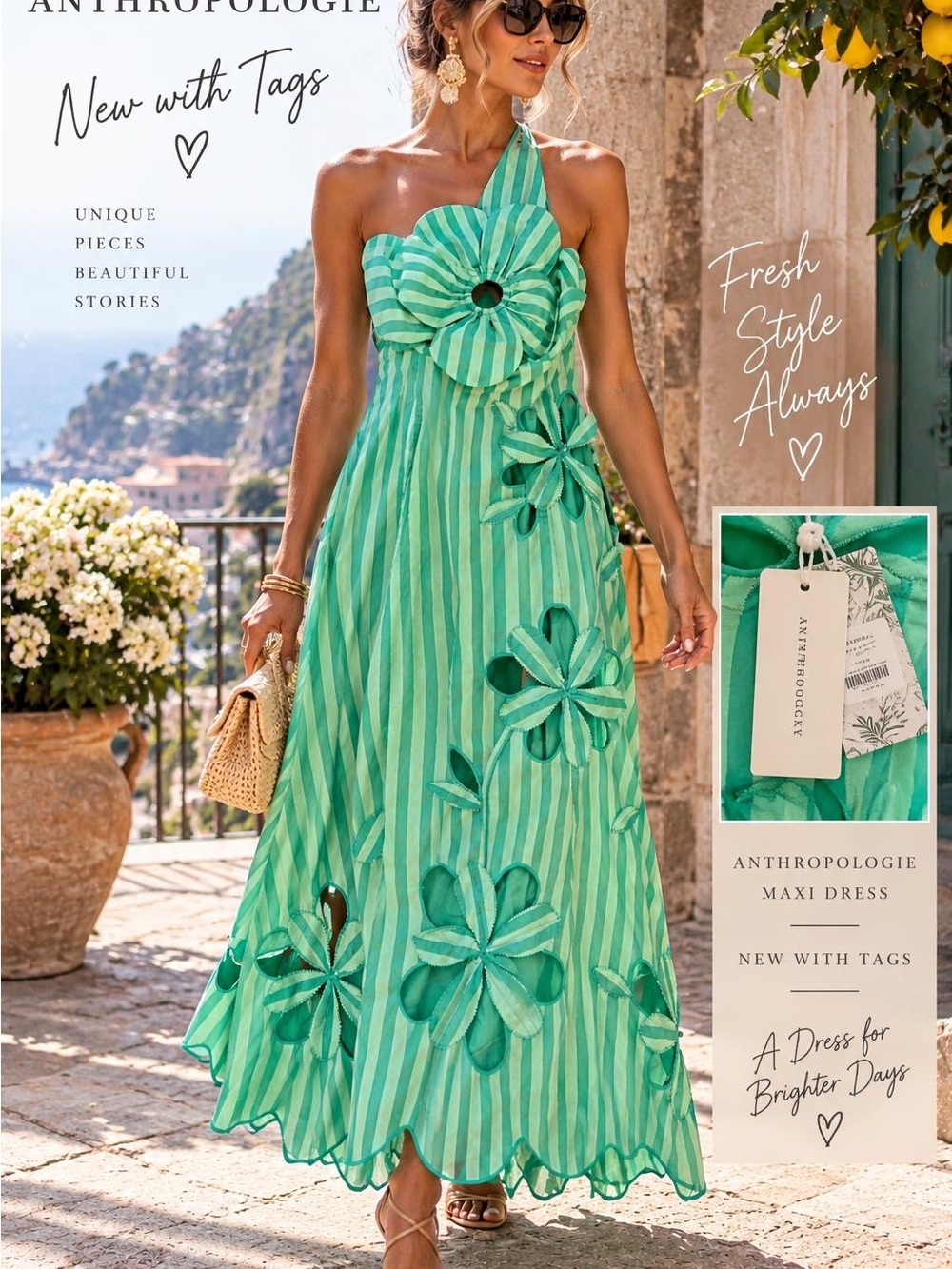 Anthropologie Turquoise-Green Striped One-Shoulder Maxi Dress
